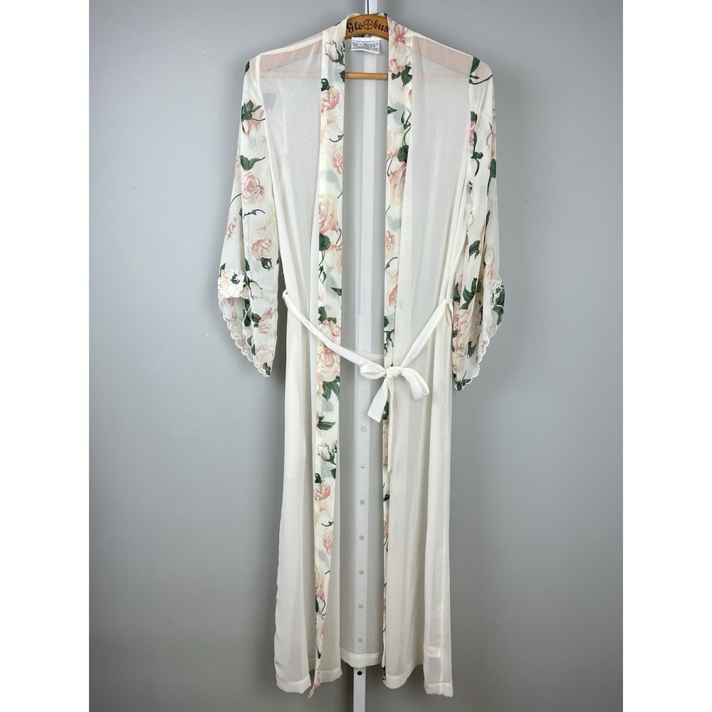 Vintage Val Mode Lingerie Robe Womens S Sheer Ivory Pink Floral Flower Trim